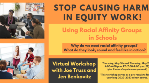 Graphic with images of workshop sessions on left and text on right that supports racial equity work